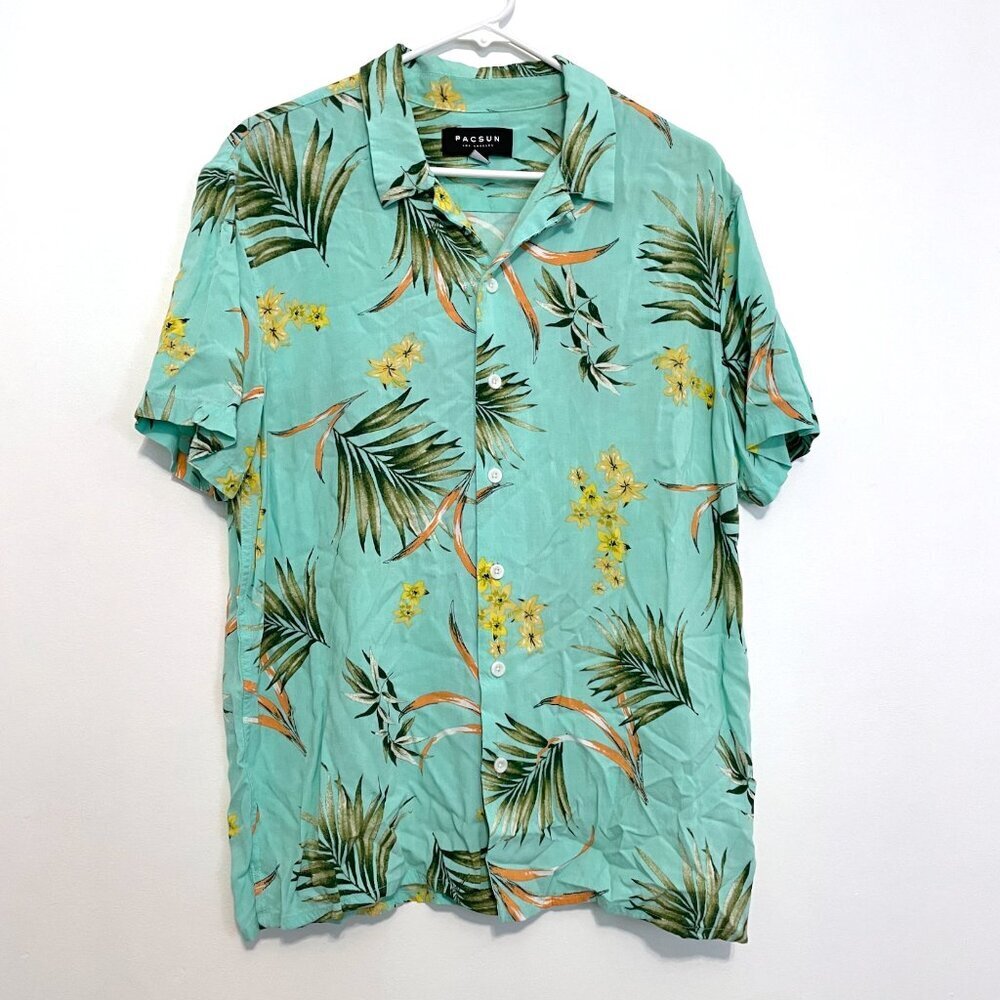 PACSUN Mens Camp Shirt Aqua Green Blue Hawaiian Floral Tropical Button Down M